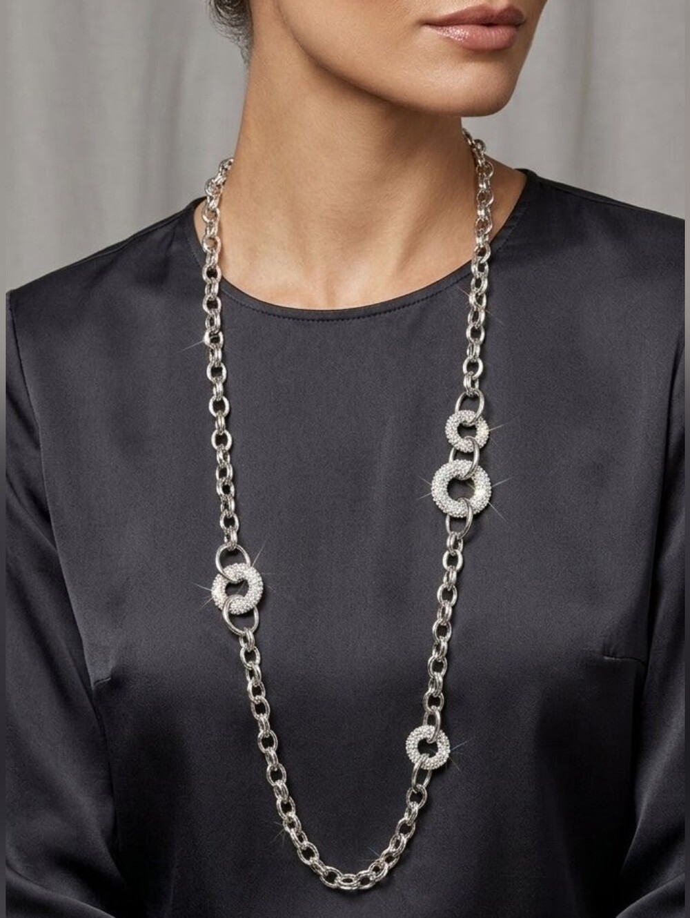 Vintage Silver Pavé Crystal Interlocking Ring Opera Station Necklace